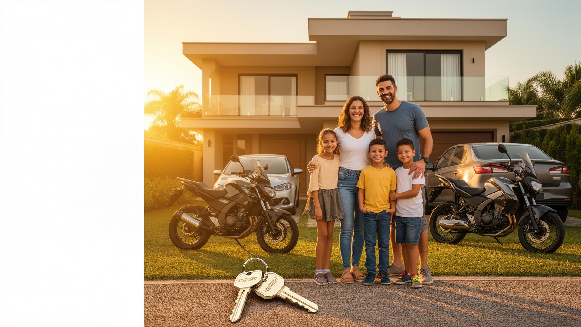 Família realizando sonhos com casa, carro e moto